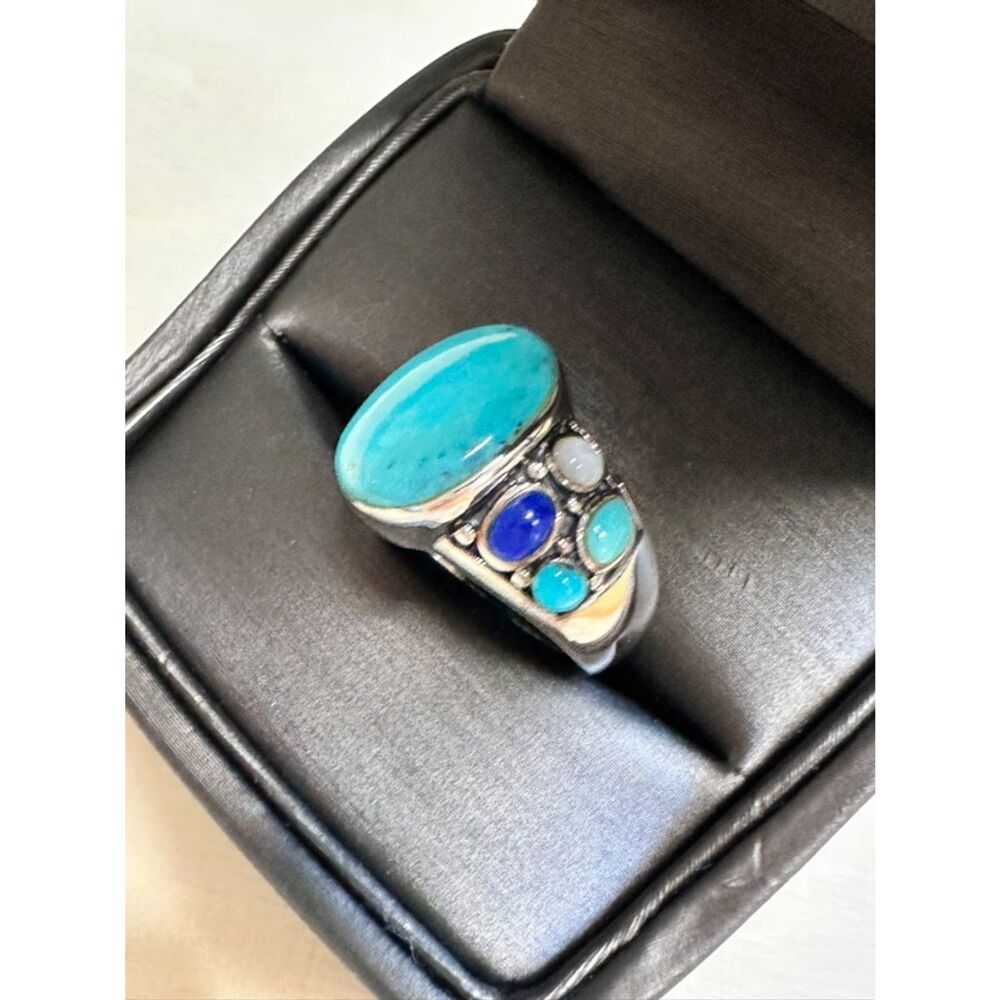 Beautiful Artisan Turquoise Lapis Mother of Pearl Sterling Silver Ring, Size 6 - Picture 6 of 10